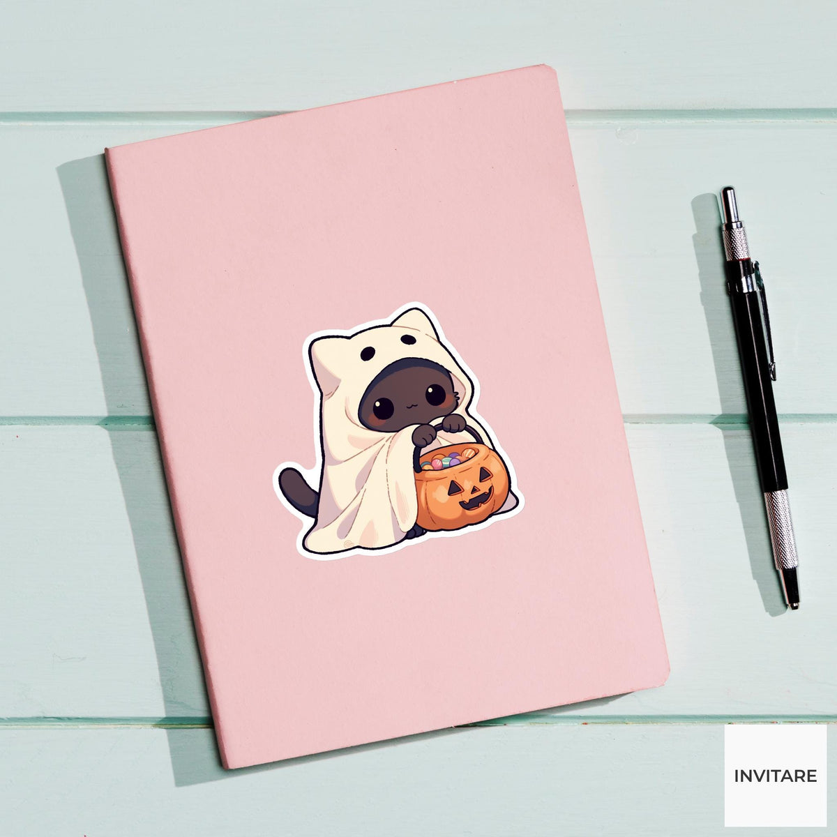 Round Black Cat Ghost Sticker, Kawaii Halloween Candy Bucket Decal
