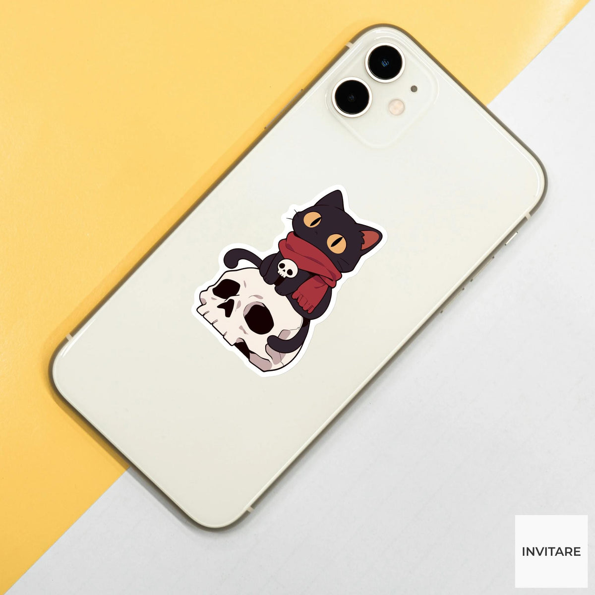 Black Cat Skull Sticker, Gothic Witchy Halloween Decal for Laptop Journals