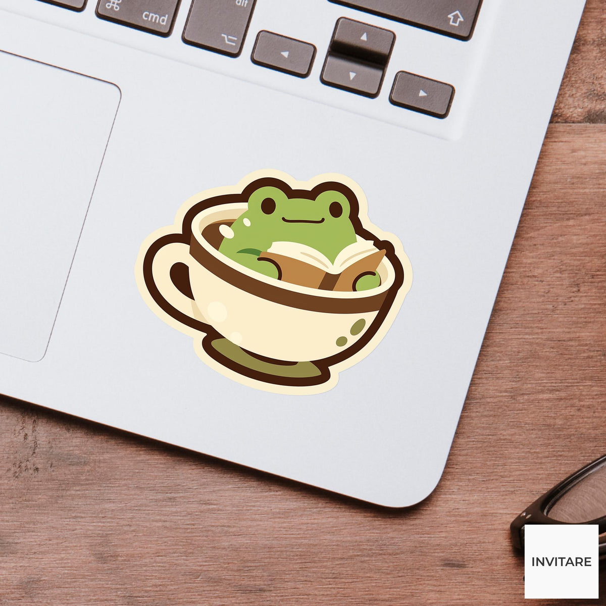 Frog Tea Reader Sticker, Cozy Cottagecore Book Laptop Decal