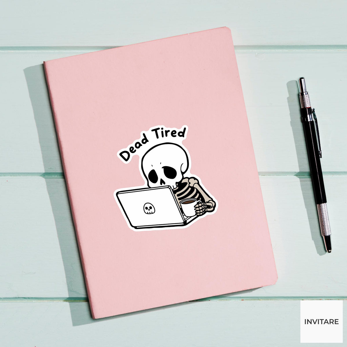 Dead Tired Skeleton Coffee Sticker, Funny Halloween Laptop Decal for Tired Readers