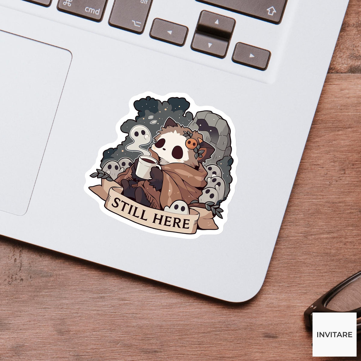 Still Here Possum Sticker, Mental Health Halloween Meme Decal for Laptops