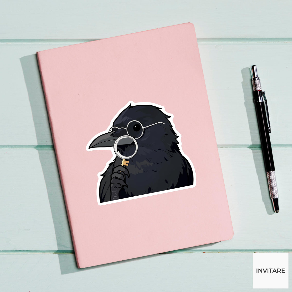 Black Crow Reading Glasses Sticker, Suspicious Key Detective Animal Meme Laptop Water Bottle Decal