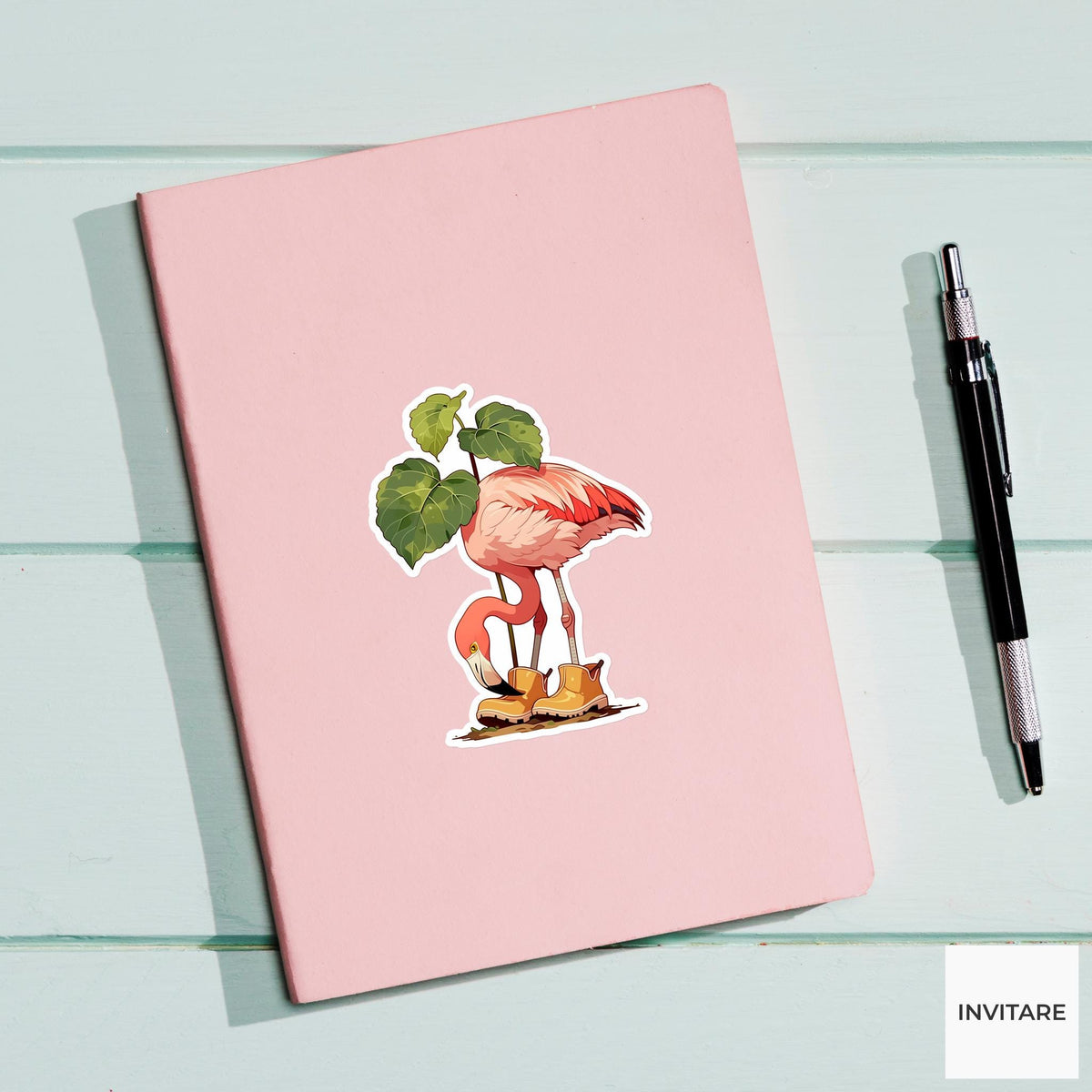 Flamingo Garden Clogs Sticker, Botanical Focus Funny Animal Meme Laptop Water Bottle Decal