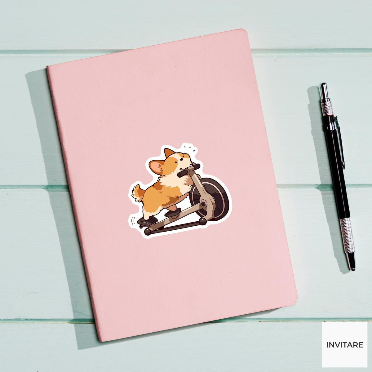 Corgi Stationary Bike Sticker, Kawaii Workout Dog Laptop Water Bottle Decal