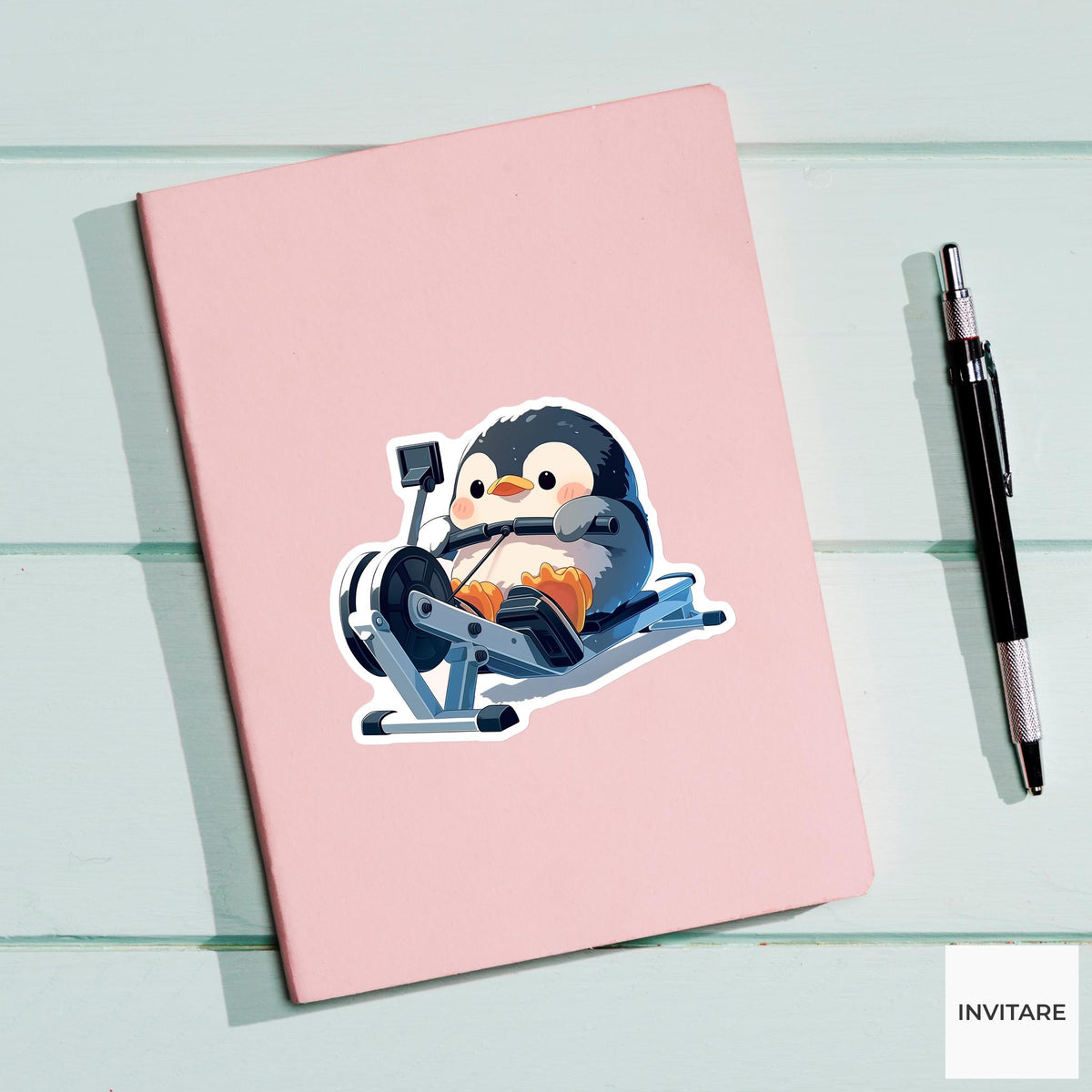 Penguin Rowing Workout Sticker, Kawaii Gym Bird Laptop Water Bottle Decal