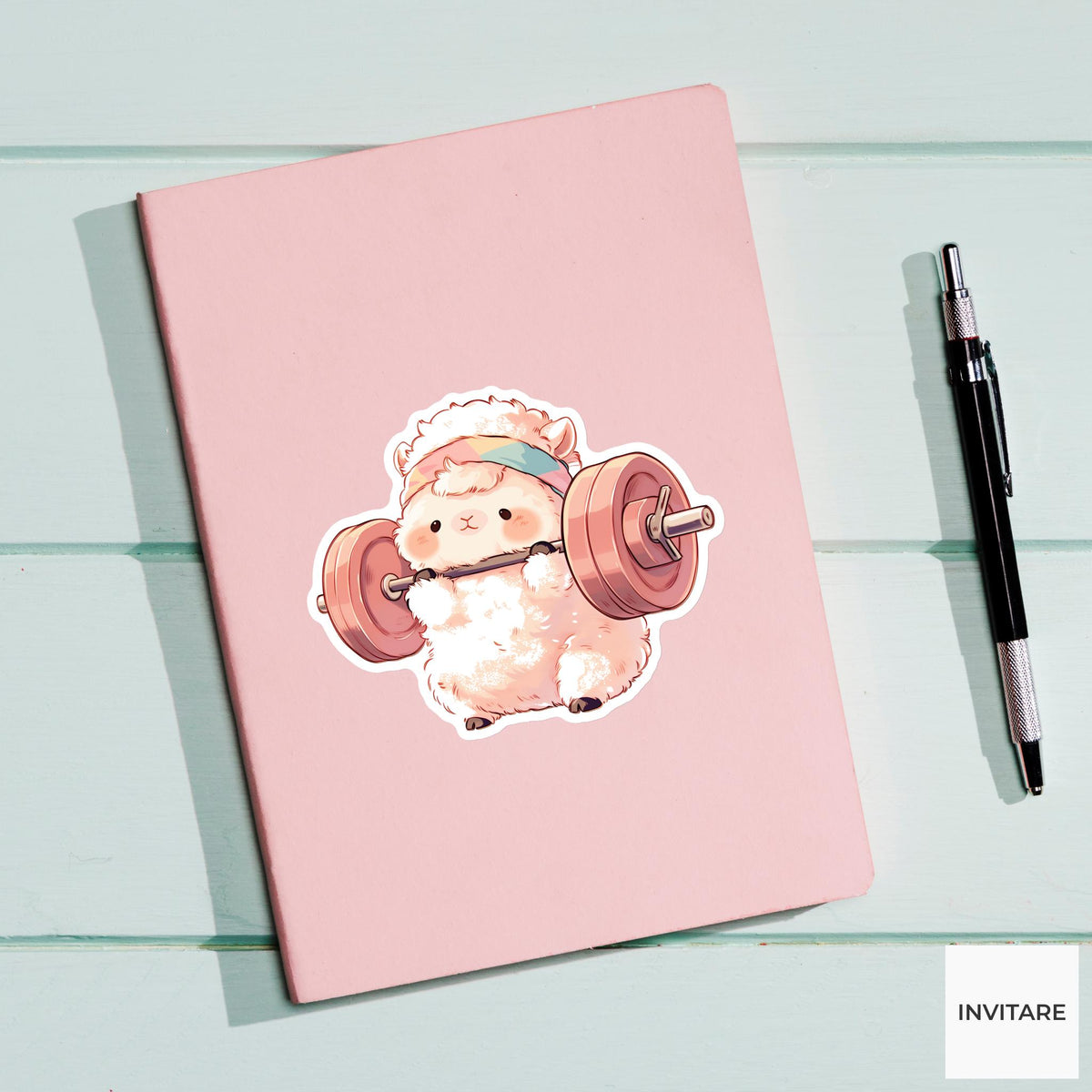 Alpaca Barbell Squat Sticker, Cute Gym Animal Laptop Water Bottle Decal