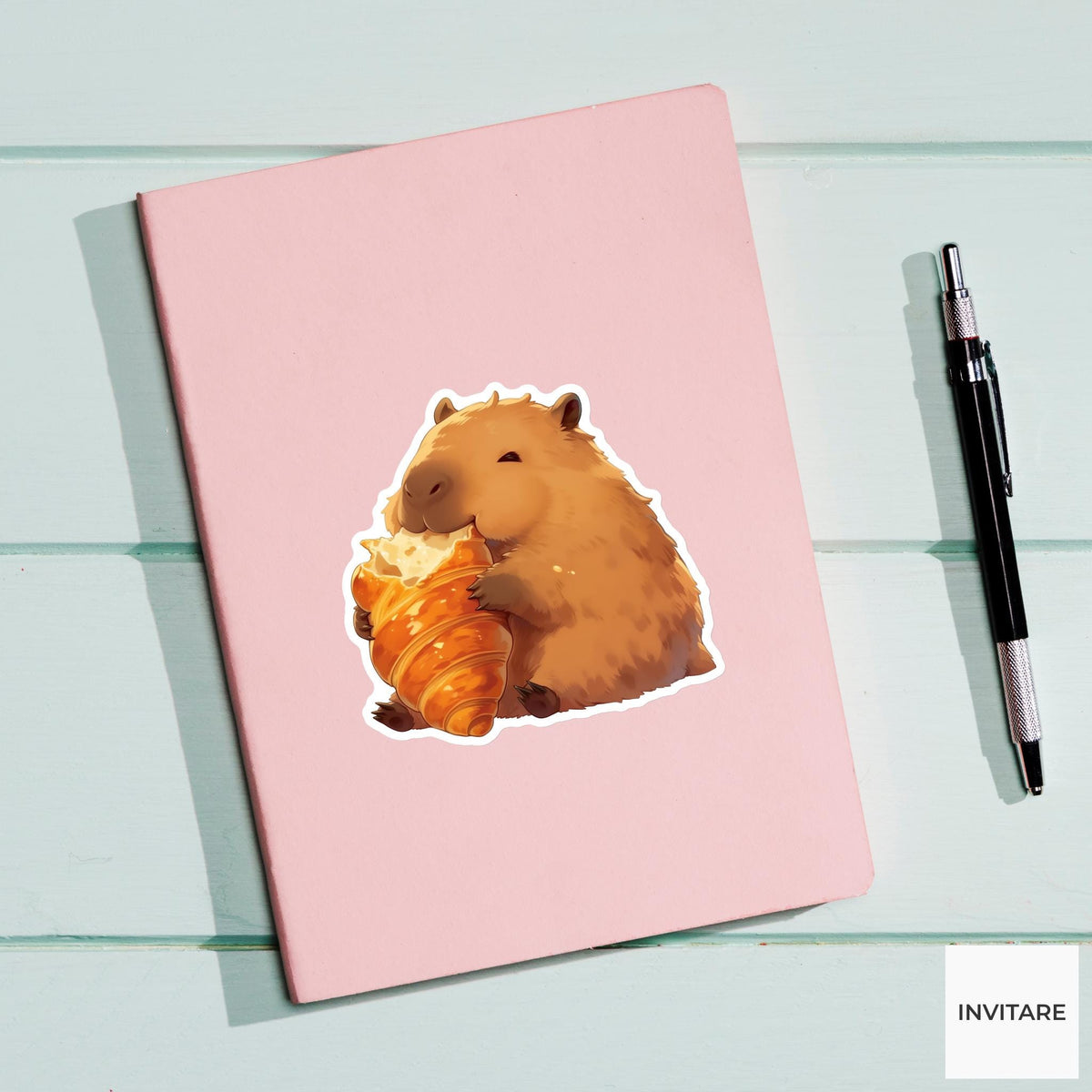 Capybara Butter Croissant Sticker, Cute Kawaii Foodie Kitchen Laptop Water Bottle Planner Gift