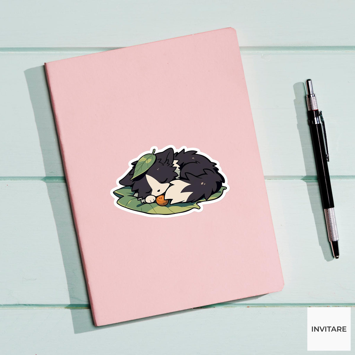 Border Collie Leaf Pillow Sticker, Sleepy Kawaii Dog Laptop Bottle Planner Gift