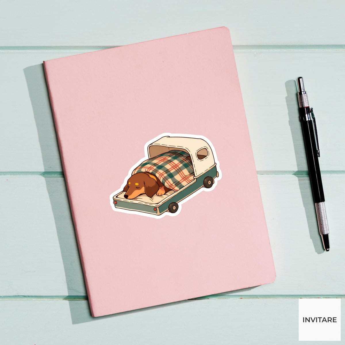 Dachshund Camper Trailer Sticker, Sleepy Kawaii Dog Camping Laptop Planner Gift