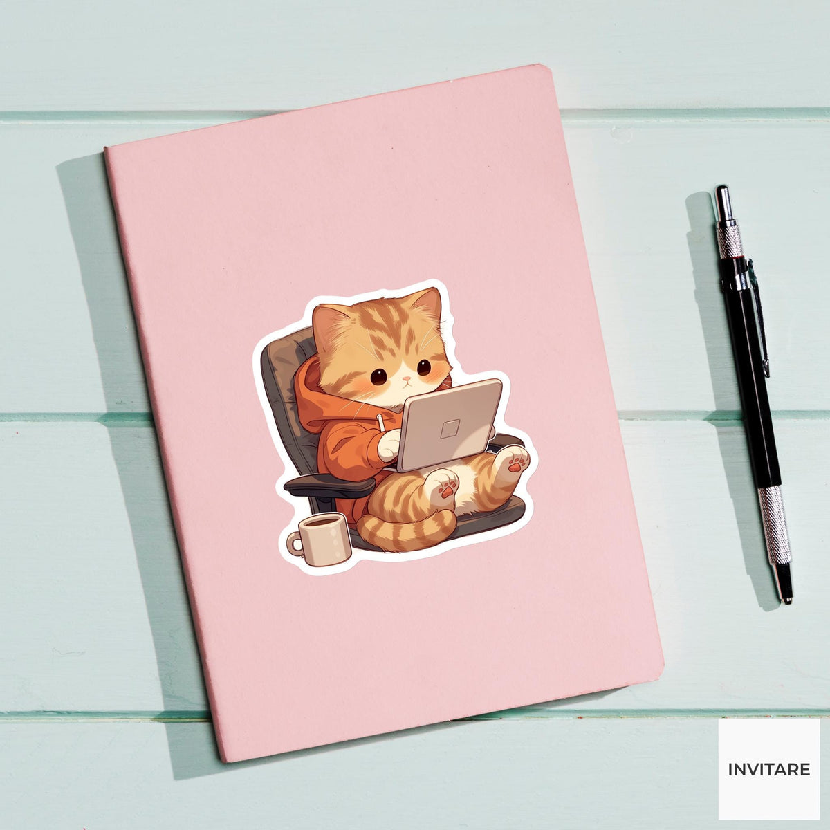 Orange Tabby Work From Home Cat Sticker, Cute Kawaii Laptop Bottle Planner Remote Gift