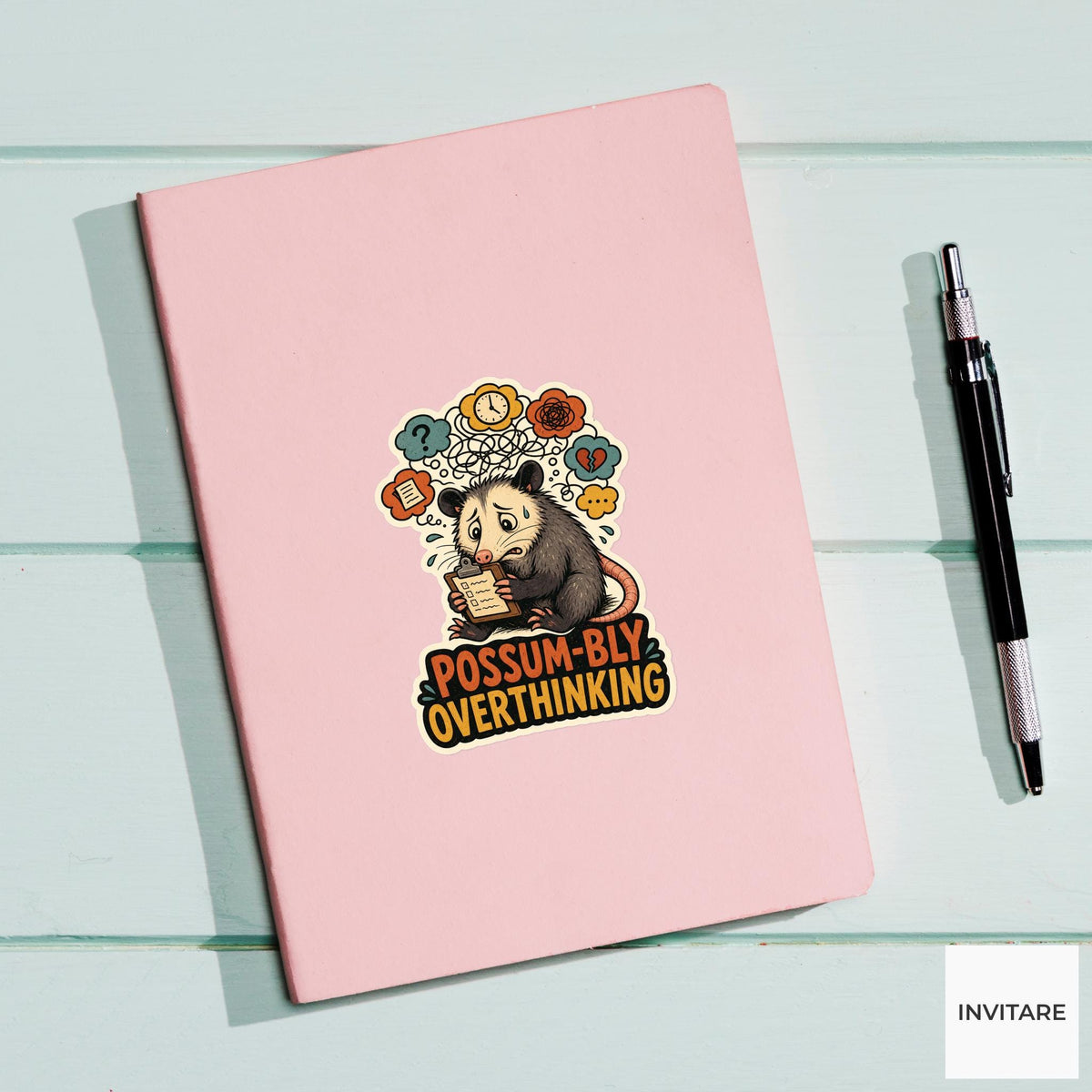 Possum-bly Overthinking Sticker, Funny Possum Anxiety Pun Laptop Planner Gift for Overthinker