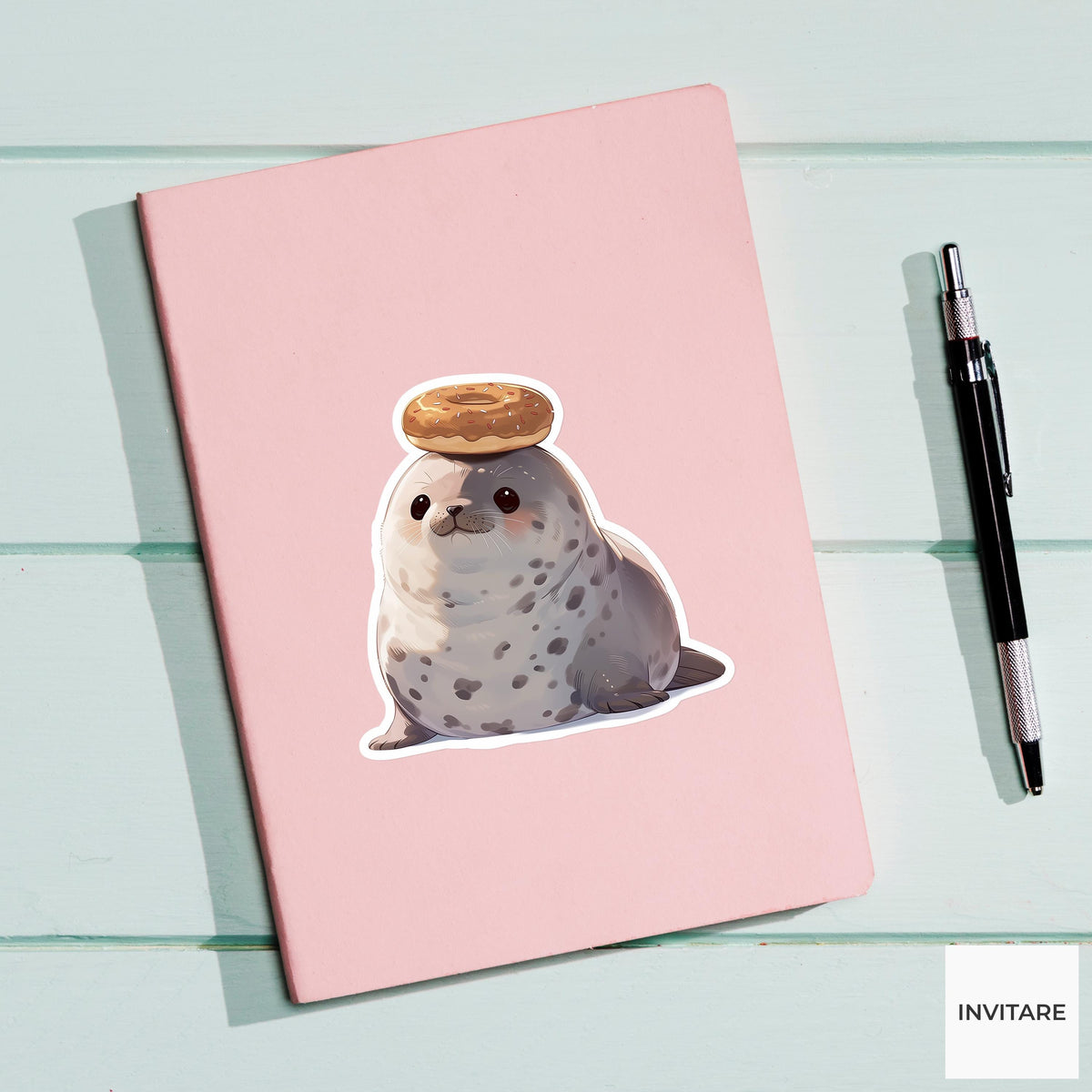 Harbor Seal Donut Sticker, Treat First Funny Animal Meme Laptop Water Bottle Decal