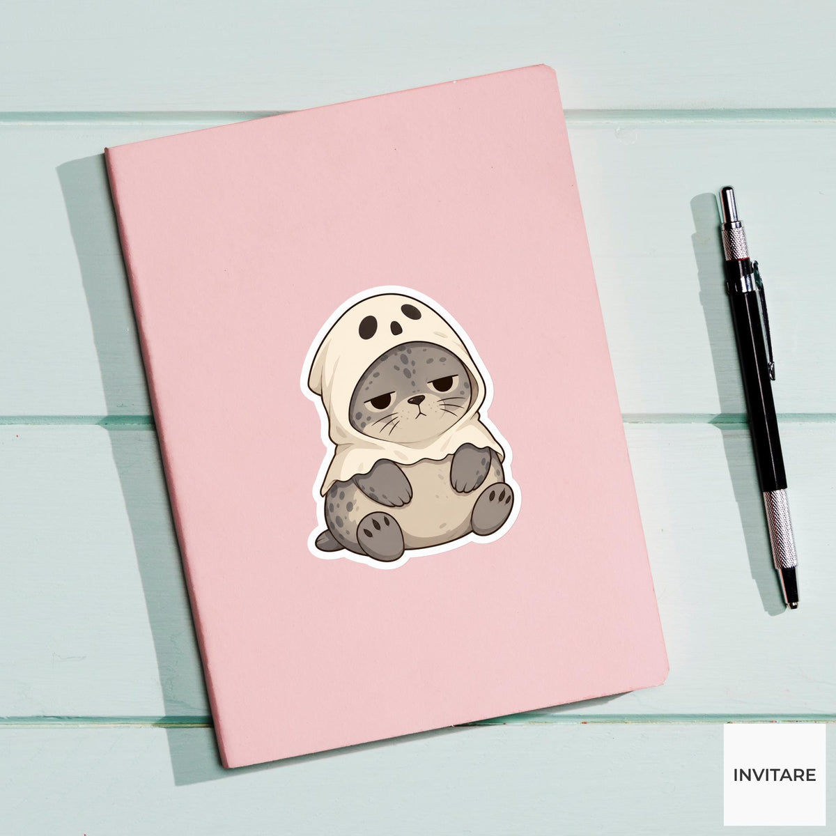 Unimpressed Harbor Seal Ghost Hood Sticker, Cute Kawaii Halloween Laptop Bottle Planner Journal Gift