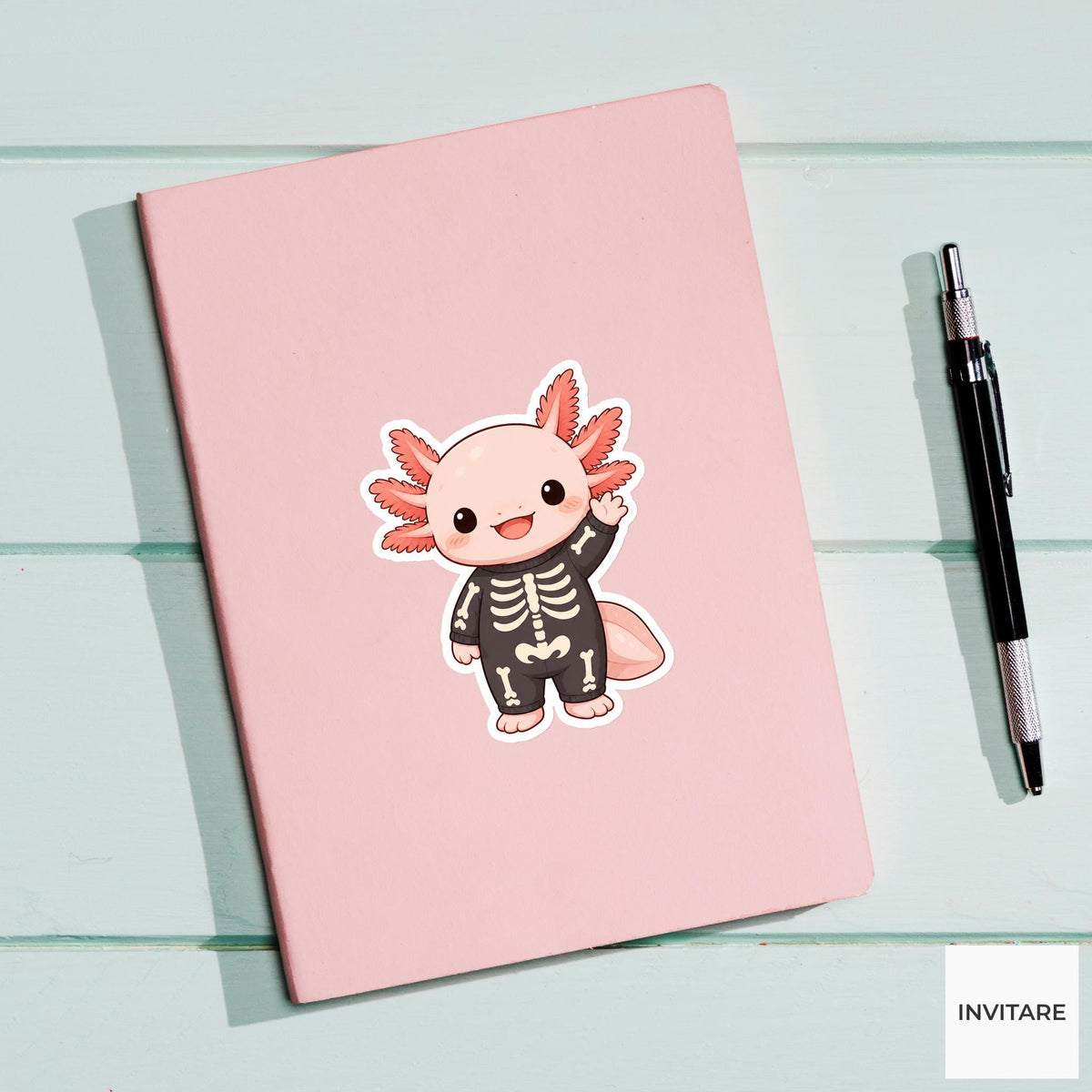 Waving Axolotl Skeleton Costume Sticker, Cute Kawaii Animal Halloween Laptop Bottle Planner Journal Gift