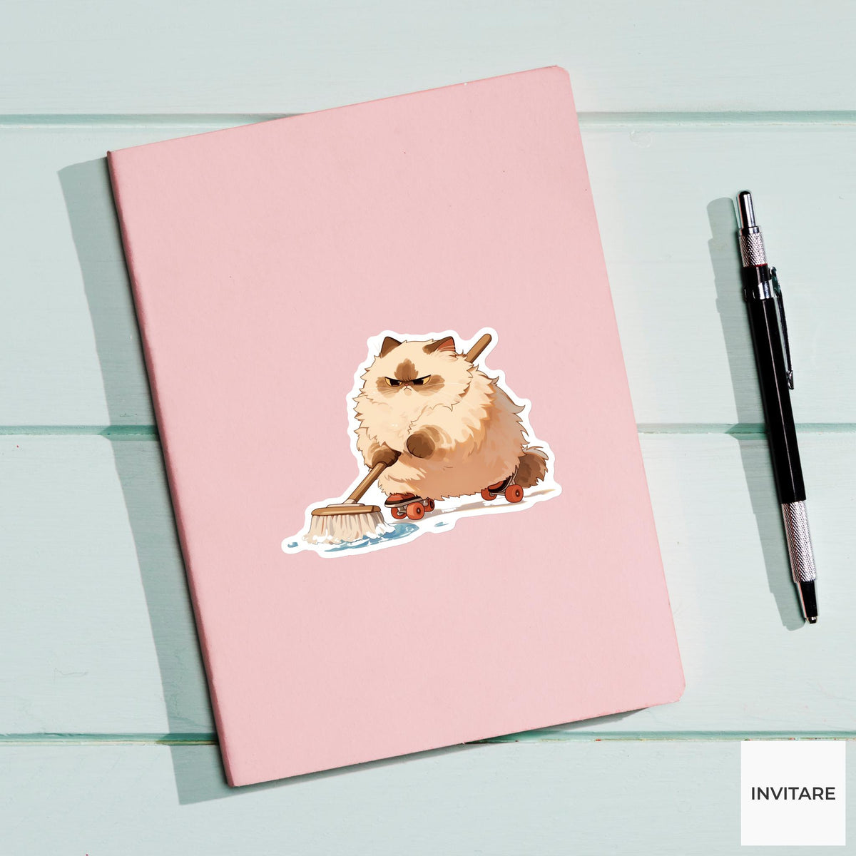 Grumpy Persian Mop Sticker, Roller Skating Cat Chore Humor Vinyl Decal