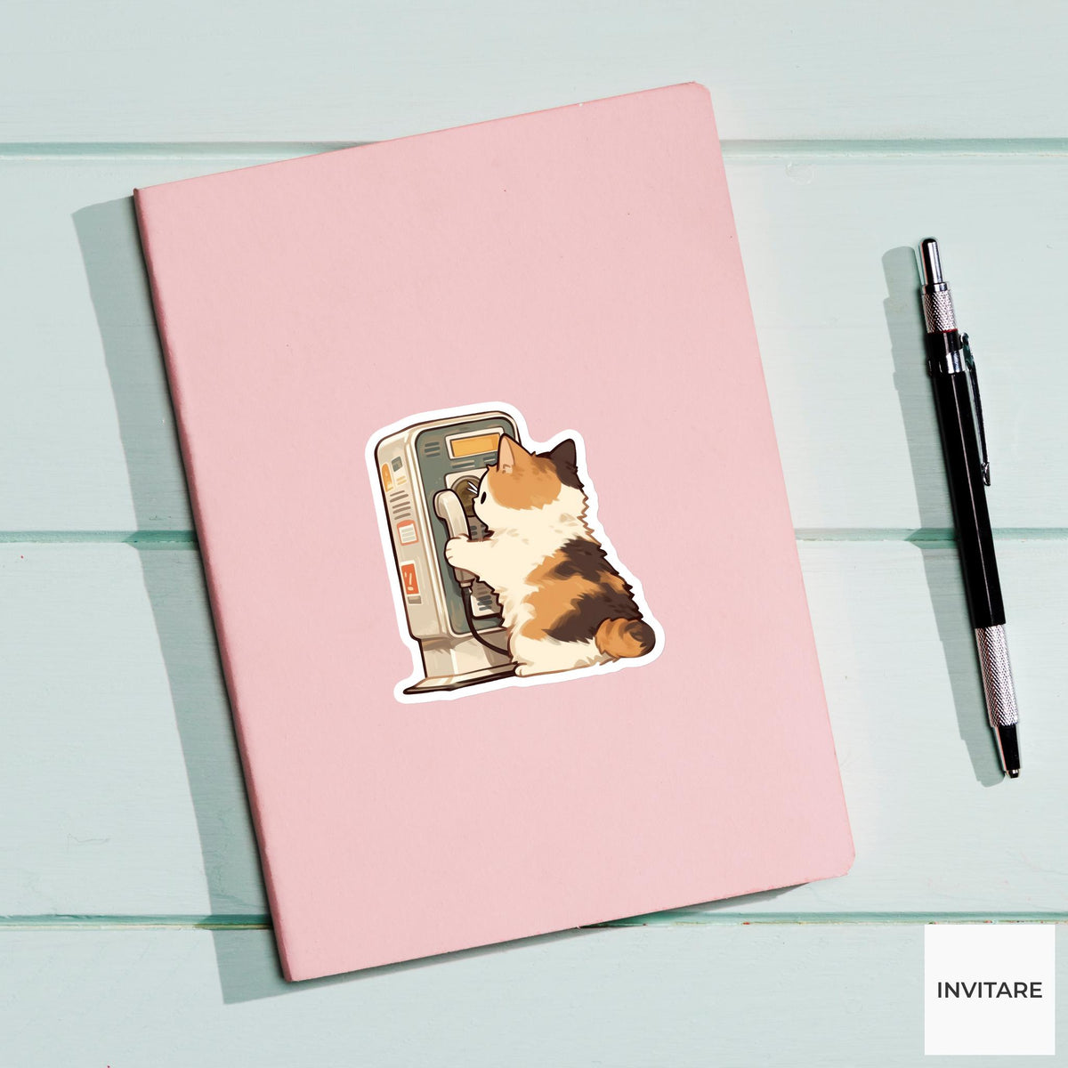 Calico Cat Payphone Sticker, Retro Kawaii Animal Laptop Water Bottle Decal