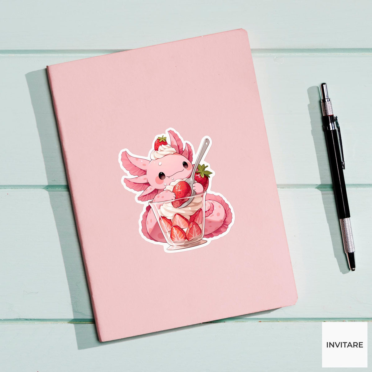 Axolotl Strawberry Parfait Sticker, Cute Food Lover Kitchen Laptop Water Bottle Planner Decal