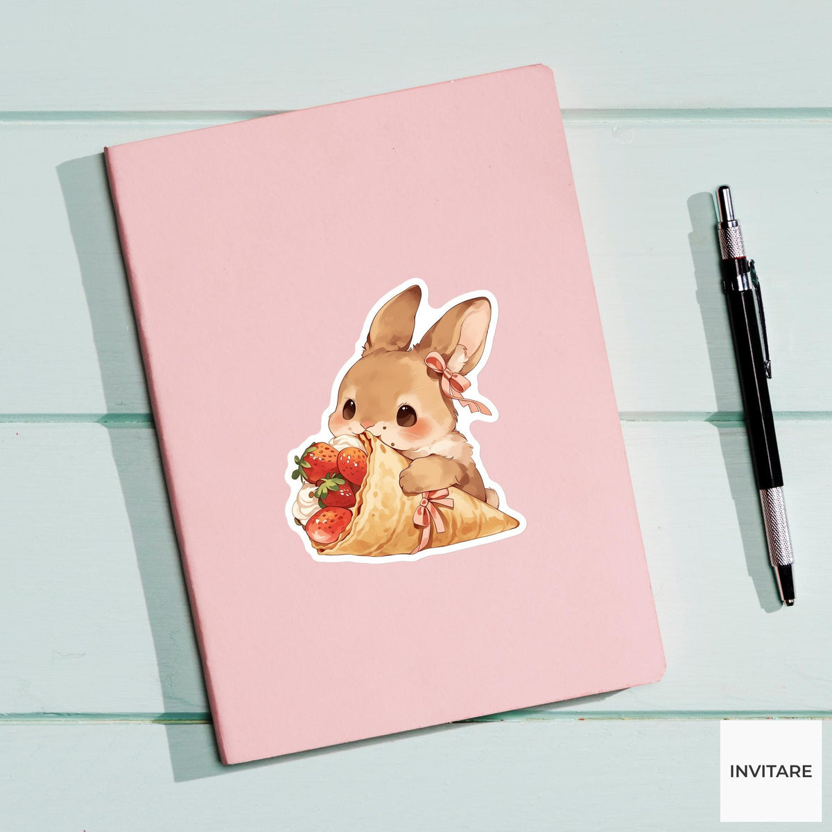 Bunny Strawberry Crepe Sticker, Cute Kawaii Kitchen Laptop Water Bottle Journal Decor Gift