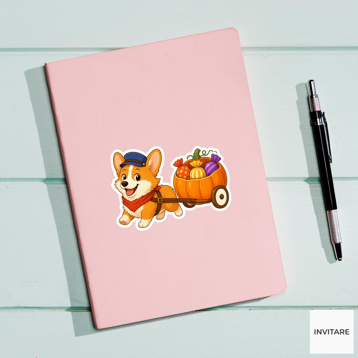 Corgi Candy Delivery Cart Sticker, Cute Spooky Halloween Laptop Bottle Planner Journal Gift