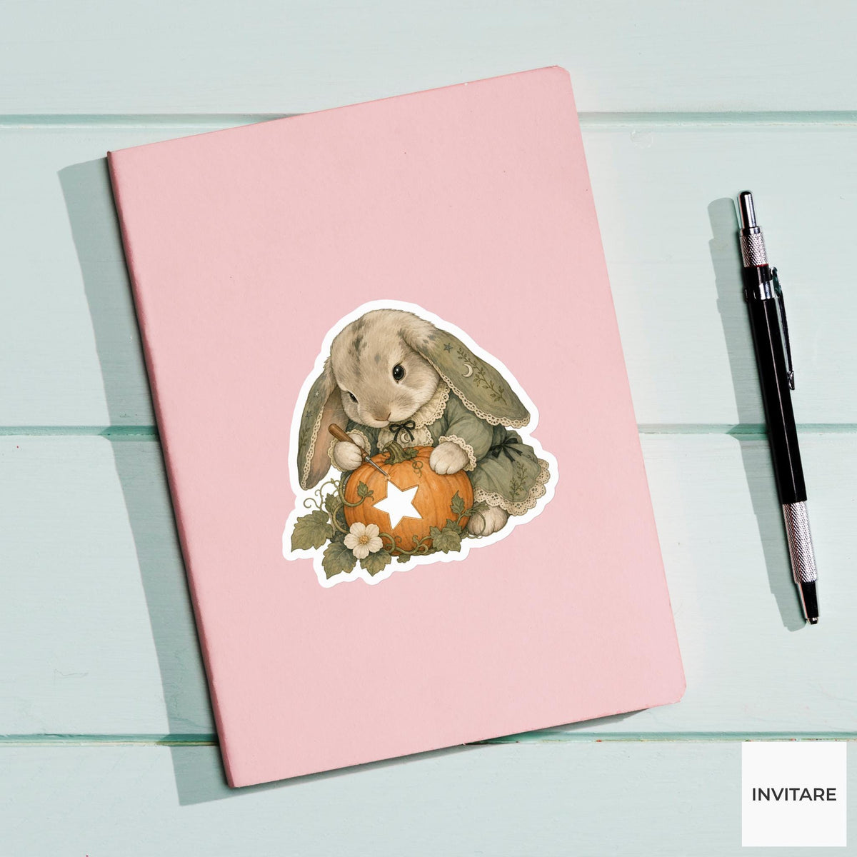Lop Rabbit Lantern Carver Sticker, Cute Spooky Halloween Laptop Bottle Planner Journal Gift
