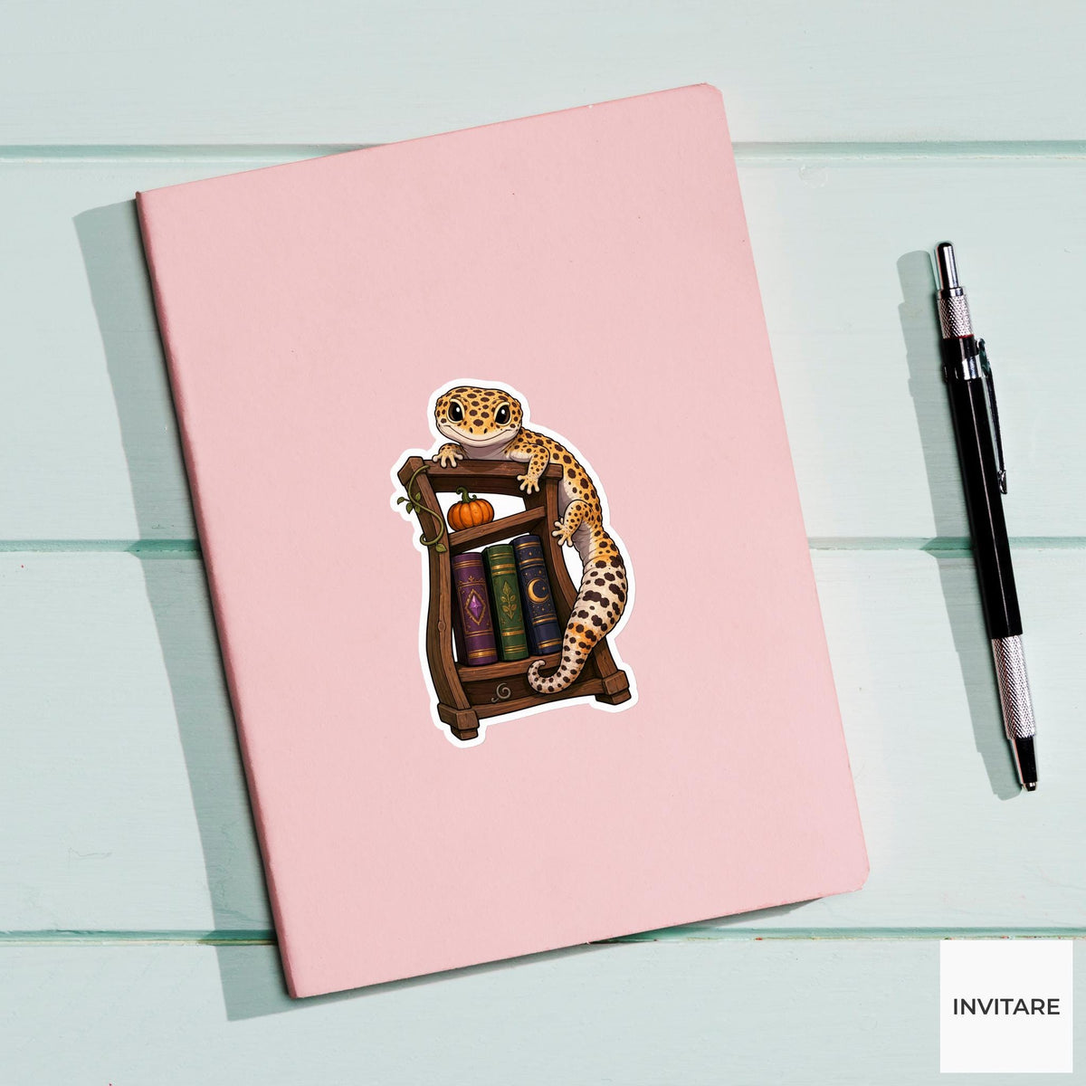 Gecko Haunted Bookshelf Climber Sticker, Cute Spooky Halloween Laptop Bottle Planner Journal Gift
