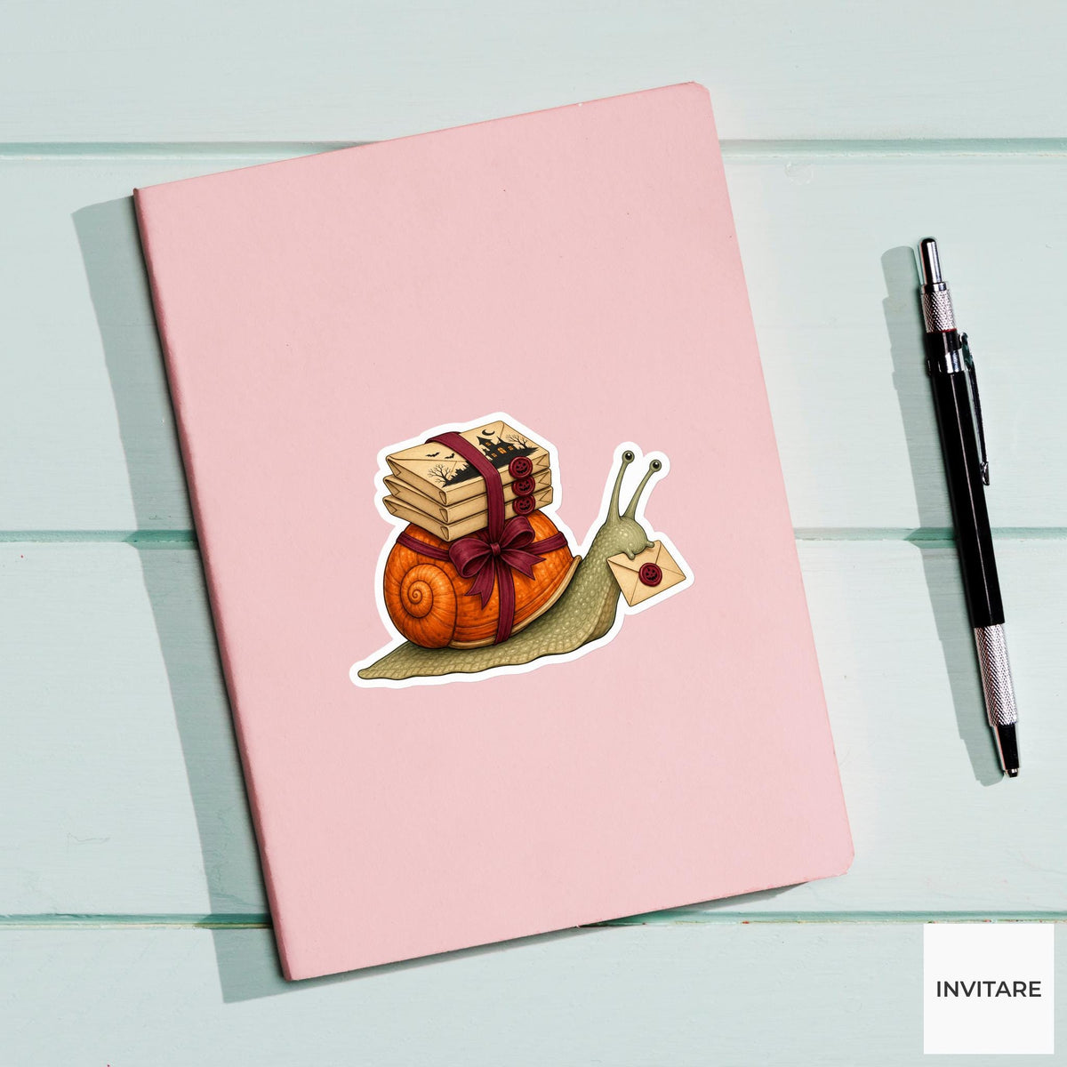 Snail Haunted Invitation Courier Sticker, Cute Spooky Halloween Laptop Bottle Planner Journal Gift