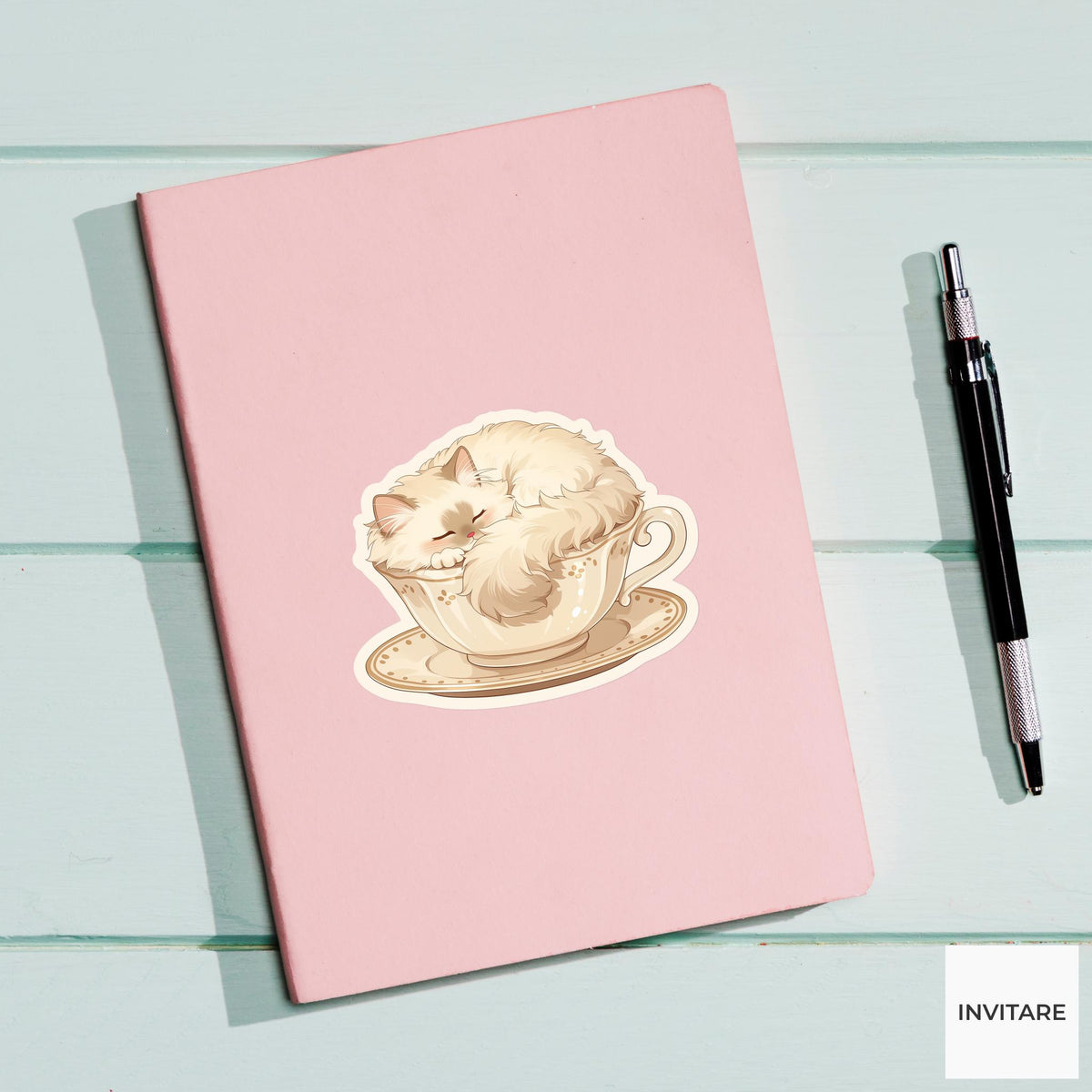 Ragdoll Cat Teacup Sticker, Fluffy Kawaii Sleepy Laptop Bottle Journal Cozy Gift