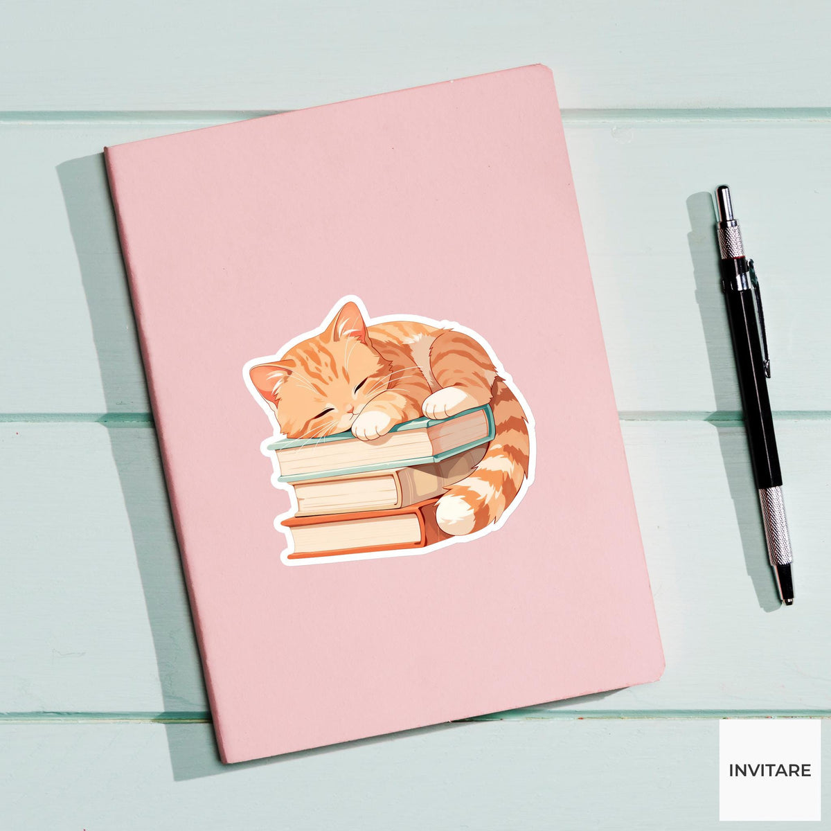 Orange Tabby Book Stack Sticker, Sleepy Kawaii Reader Laptop Planner Gift