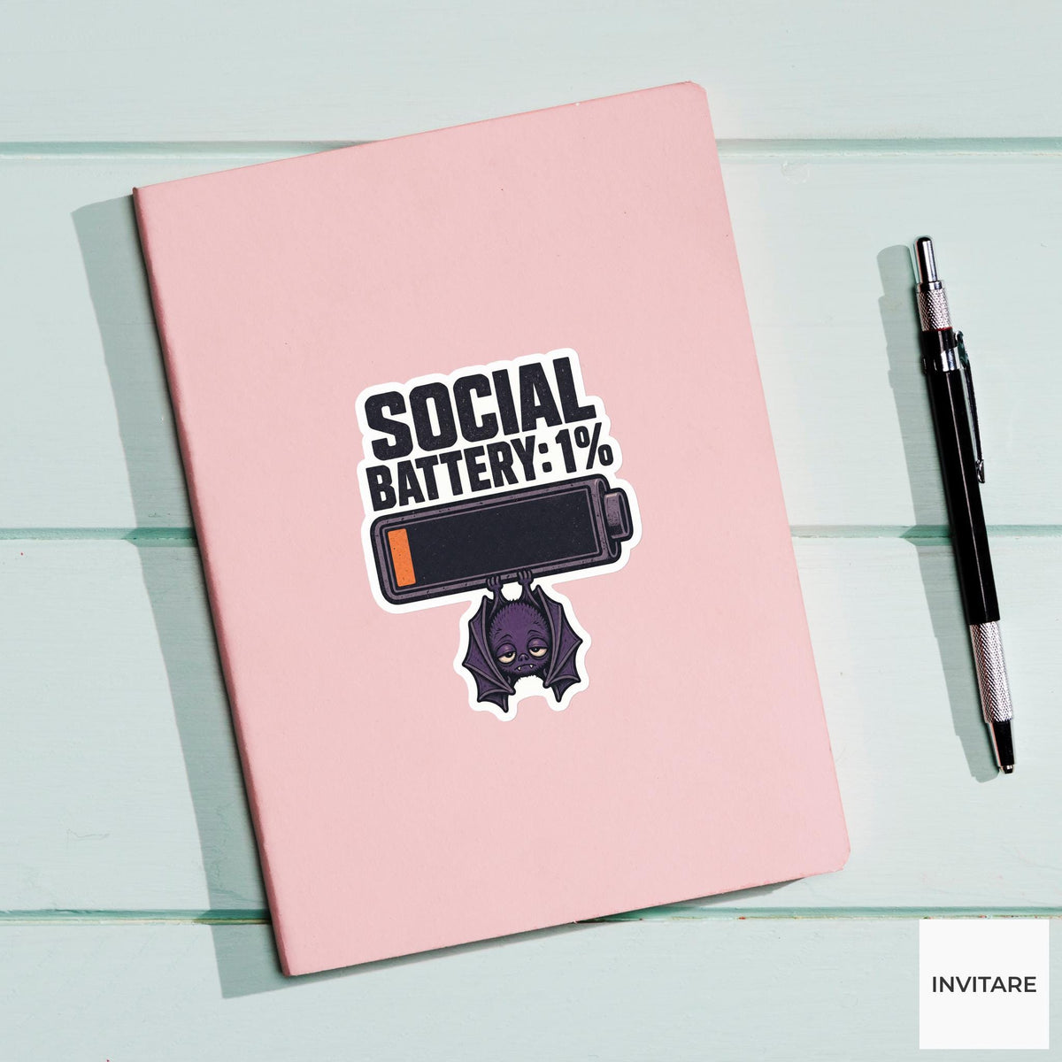 Social Battery One Percent Sticker, Funny Spooky Halloween Laptop Bottle Planner Journal Gift