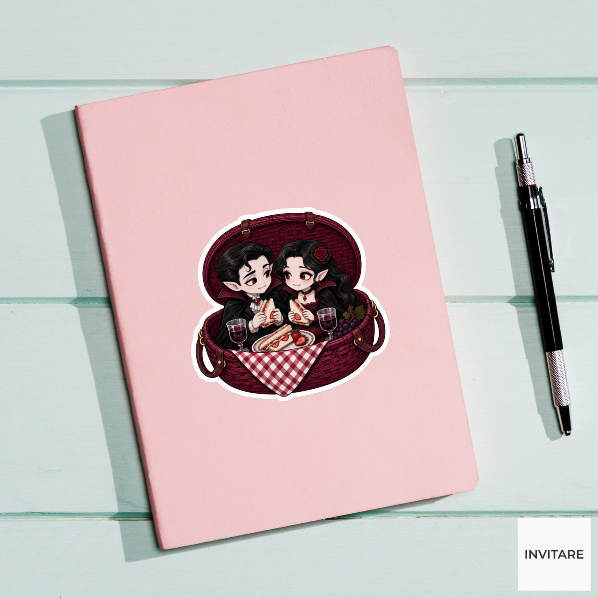 Vampire Picnic Basket Sticker, Cute Spooky Halloween Laptop Bottle Planner Journal Gift