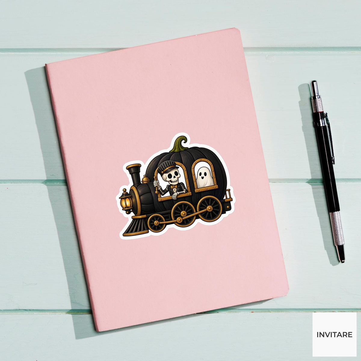 Haunted Night-Train Conductor Sticker, Cute Spooky Halloween Laptop Bottle Planner Journal Gift