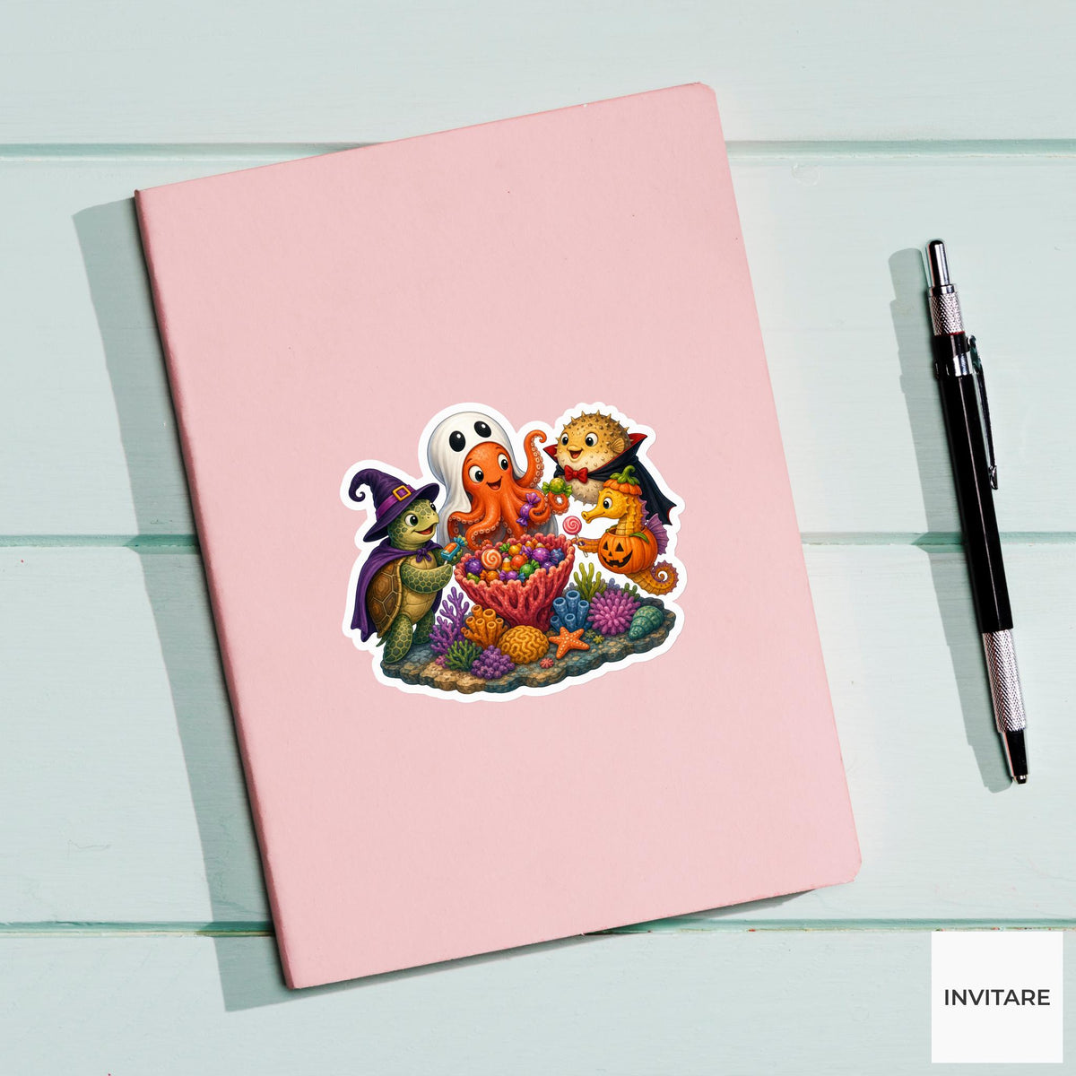Underwater Trick-or-Treat Reef Sticker, Cute Spooky Halloween Laptop Bottle Planner Journal Gift