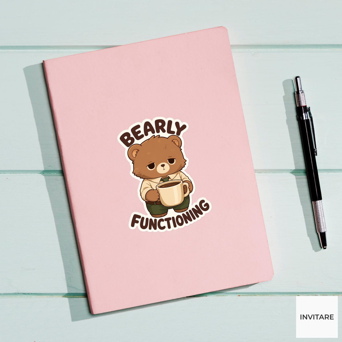 Bearly Functioning Sticker, Funny Bear Coffee Pun Laptop Planner Gift for Tired Coworker