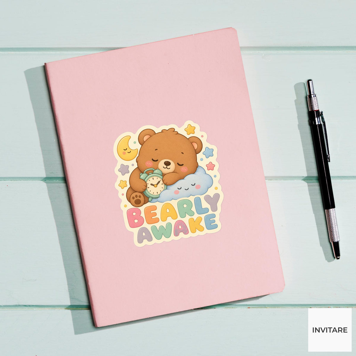 Bearly Awake Sticker, Funny Sleepy Bear Pun Laptop Planner Gift for Tired Friend