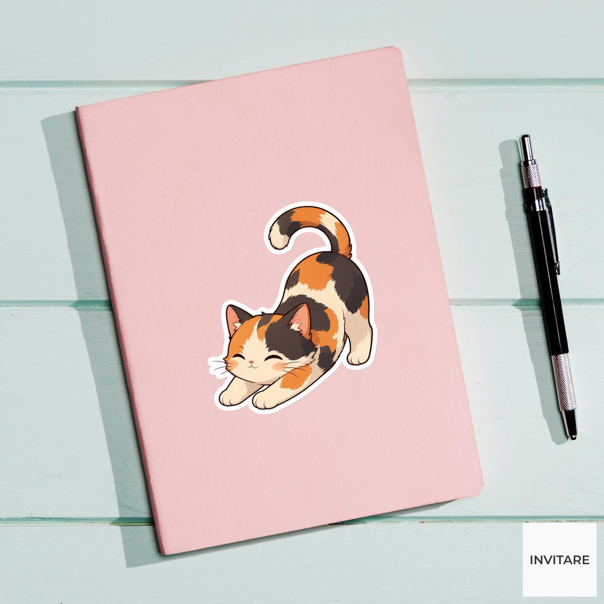 Stretching Calico Cat Sticker, Happy Morning Kawaii Laptop Bottle Planner Journal Pet Lover Gift