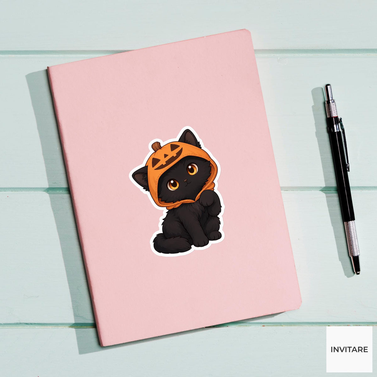 Curious Black Cat Pumpkin Hood Sticker, Cute Kawaii Halloween Laptop Bottle Planner Journal Gift