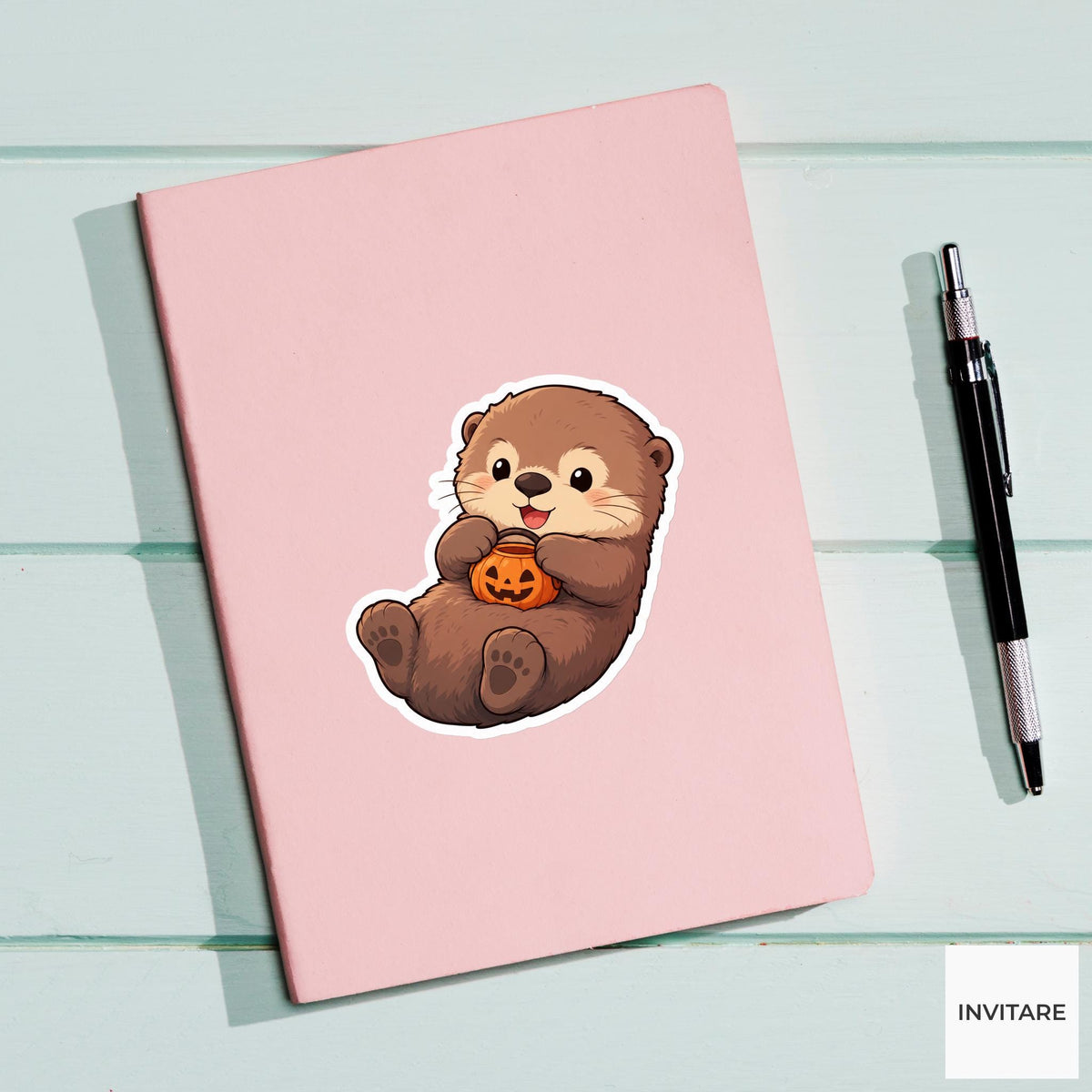 Delighted Sea Otter Candy Bucket Sticker, Cute Kawaii Halloween Laptop Bottle Planner Journal Gift