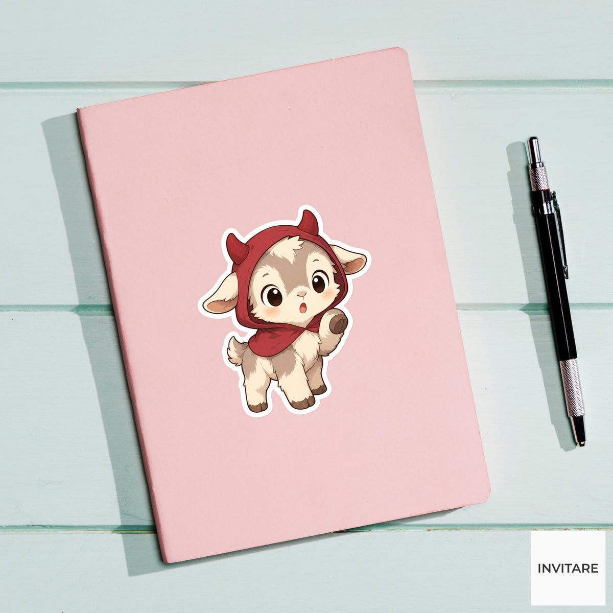 Surprised Baby Goat Devil Hood Sticker, Cute Kawaii Halloween Laptop Bottle Planner Journal Gift