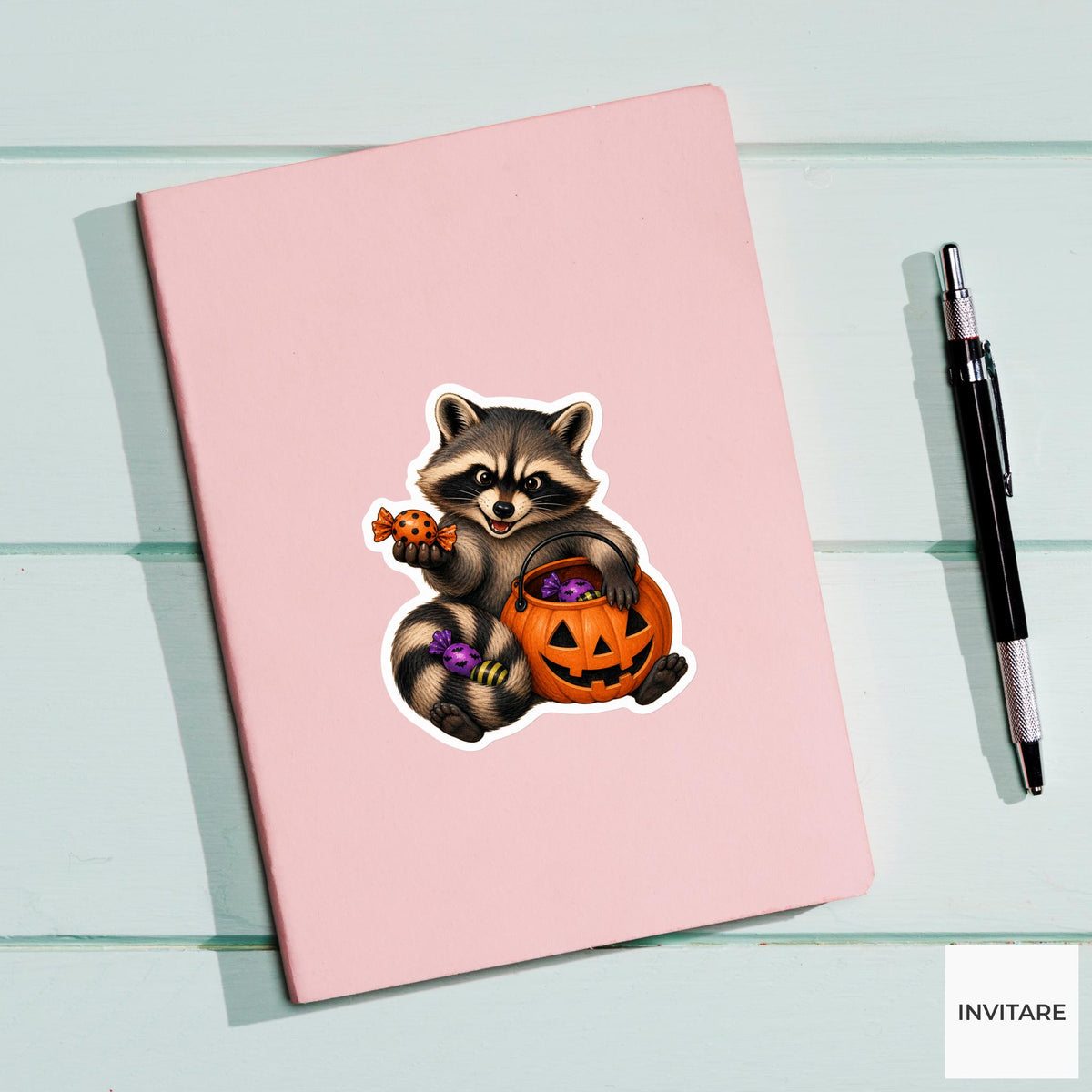 Raccoon Candy Trader Sticker, Cute Spooky Halloween Laptop Bottle Planner Journal Gift