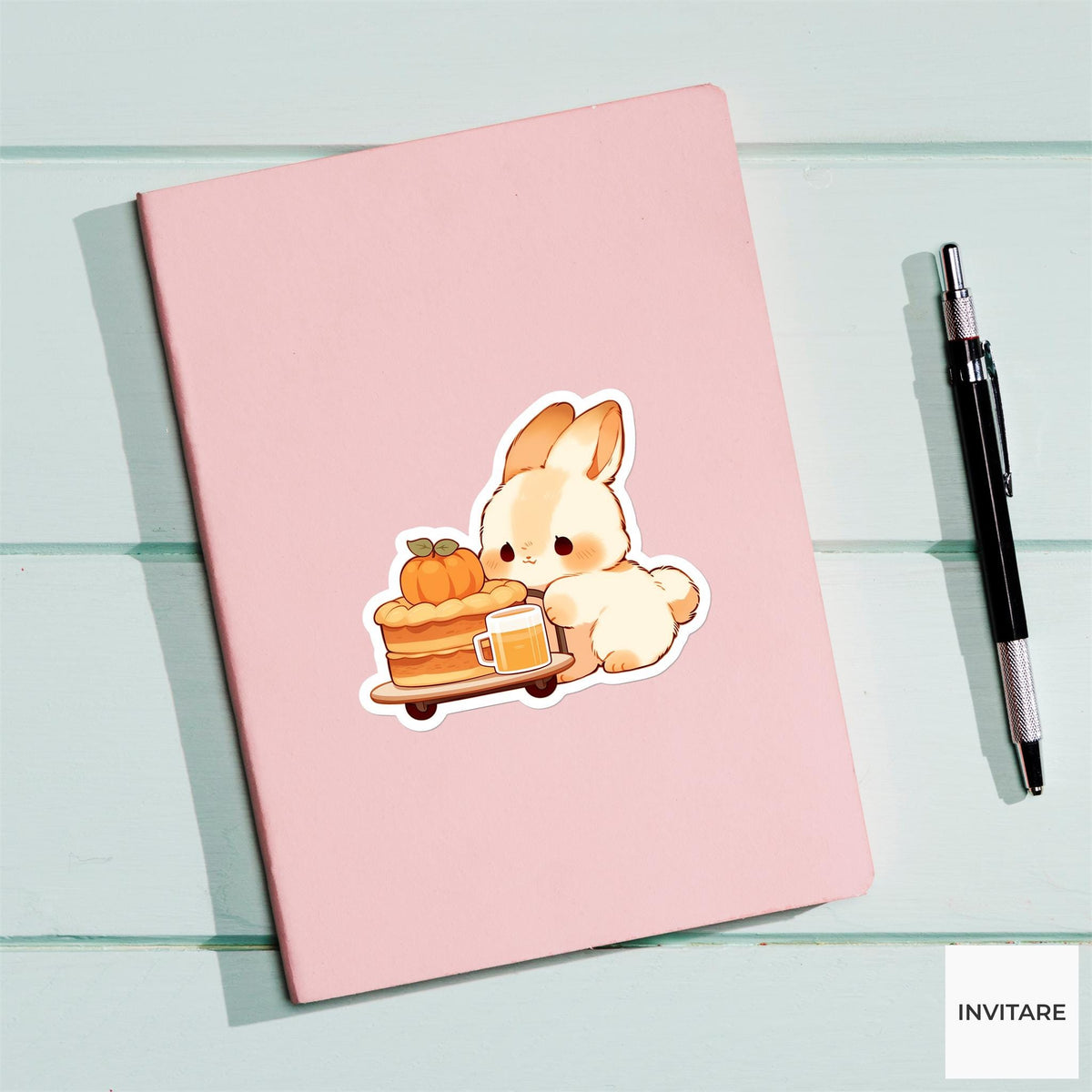 Thanksgiving Bunny Dessert Cart Sticker, Pumpkin Pie Cider Laptop Planner Journal Baker Gift