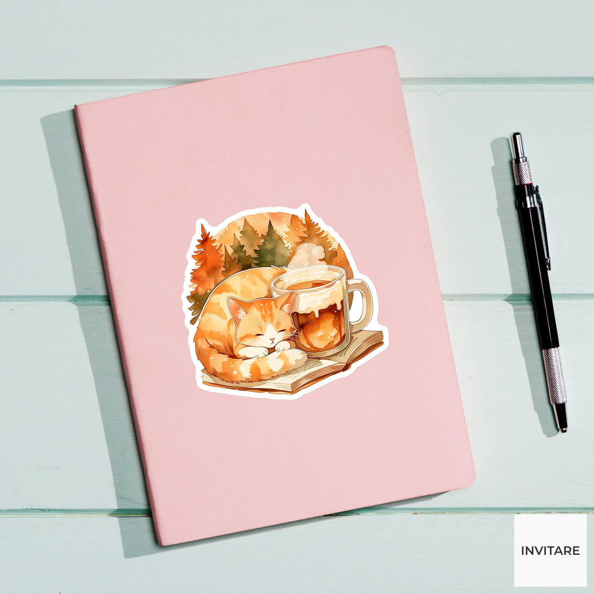 Watercolor Orange Cat Reading Sticker, Cozy Autumn Cider Laptop Planner Journal Book Lover Gift