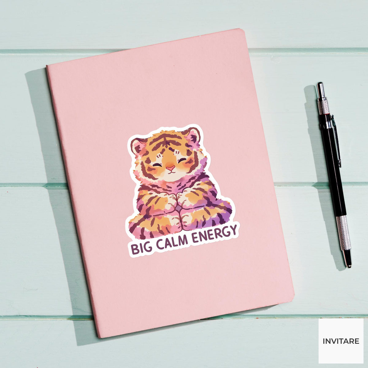 Big Calm Energy Tiger Cub Yoga Sticker, Lotus Pose Laptop Planner Water Bottle Gift