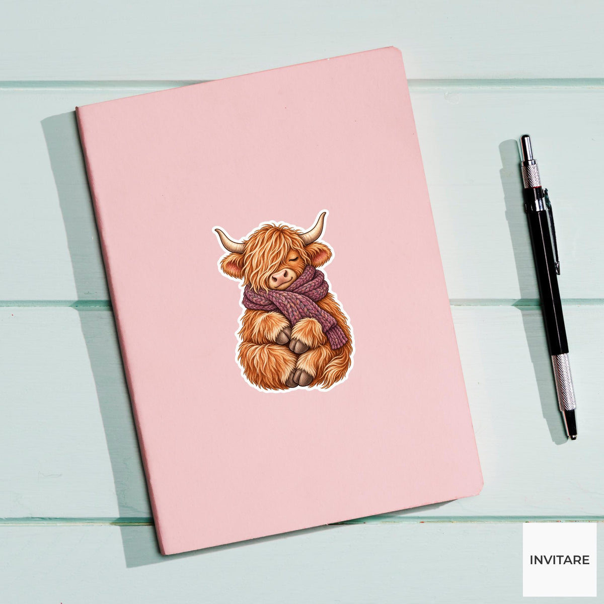 Cozy Highland Cow Scarf Sticker, Sleepy Watercolor Laptop Planner Water Bottle Winter Gift