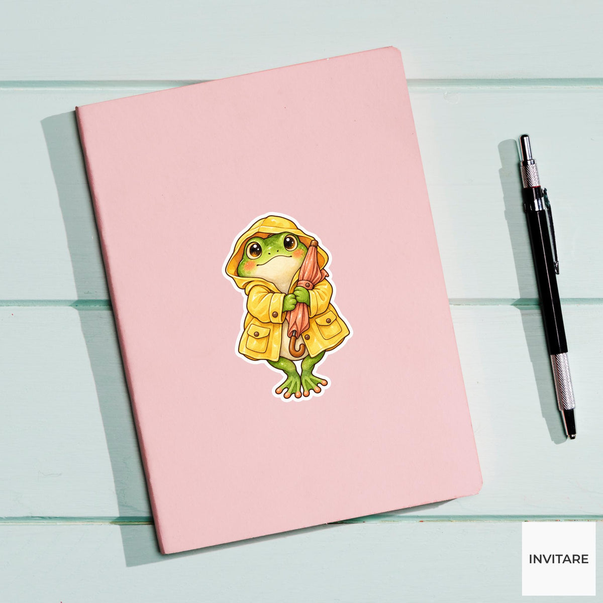 Frog Raincoat Umbrella Sticker, Cute Watercolor Amphibian Laptop Planner Water Bottle Gift