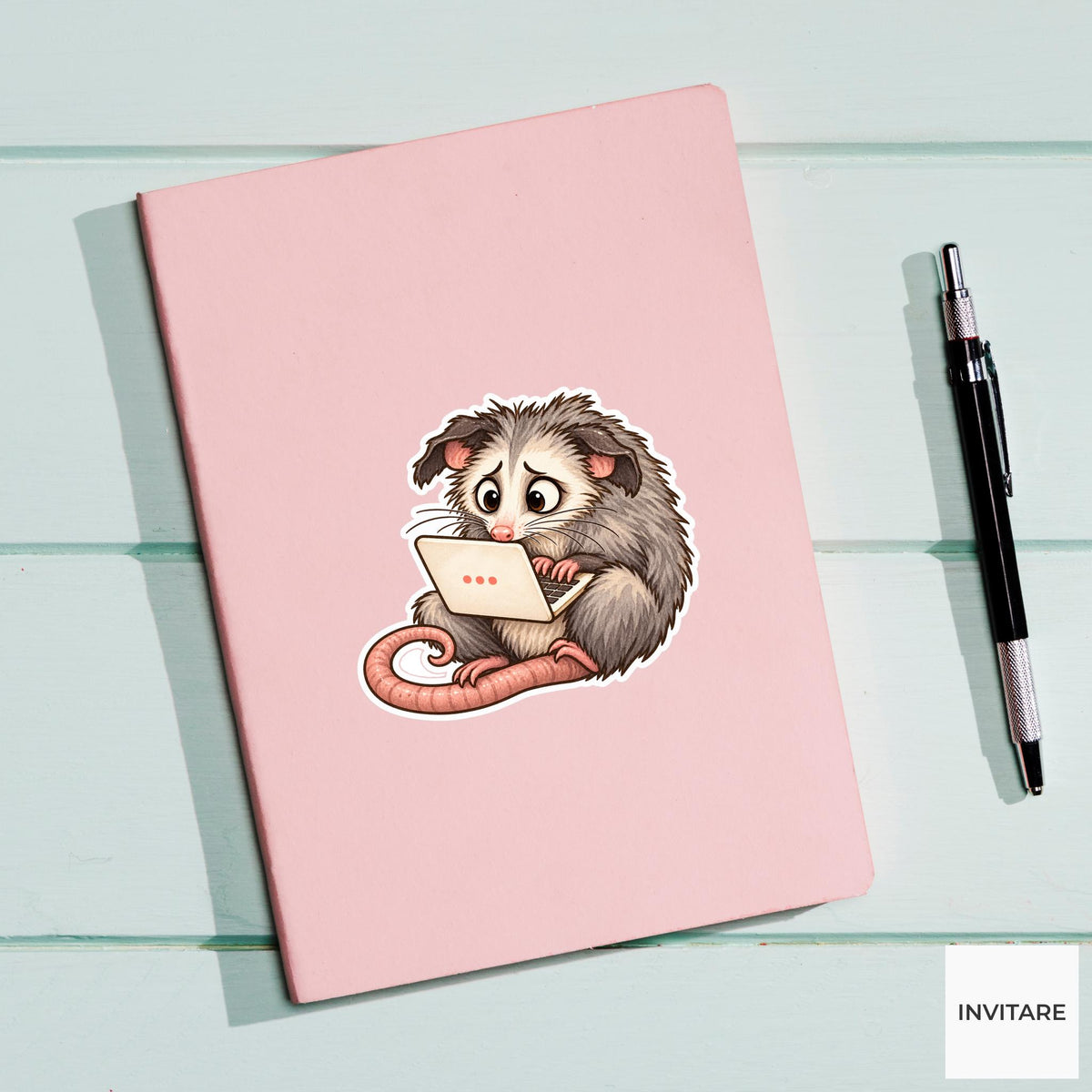 Possum Laptop Panic Sticker, Funny Watercolor Marsupial Planner Water Bottle Remote Work Gift