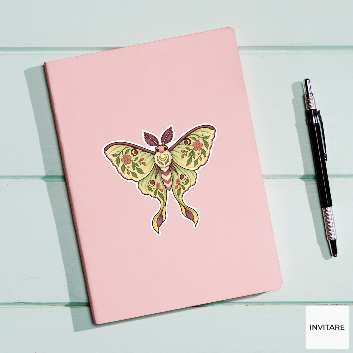 Luna Moth Floral Sticker, Watercolor Folk Art Laptop Planner Water Bottle Cottage Goth Gift
