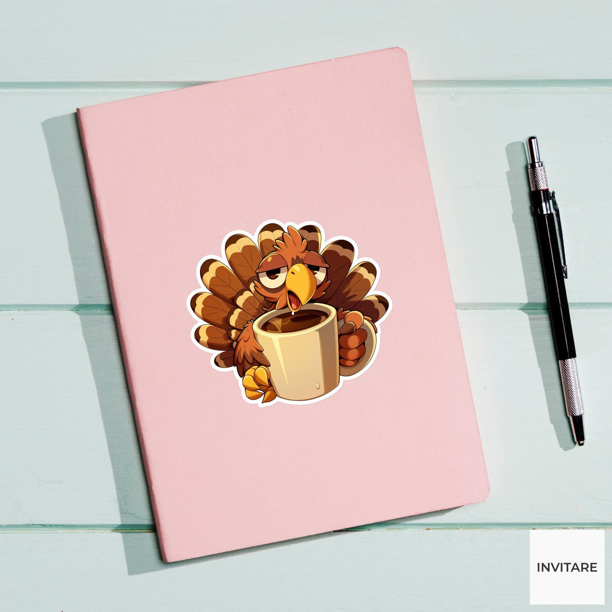 Coffee Mug Turkey Sticker, Tired Thanksgiving Host Survival Morning Humor Laptop Planner Journal Gift