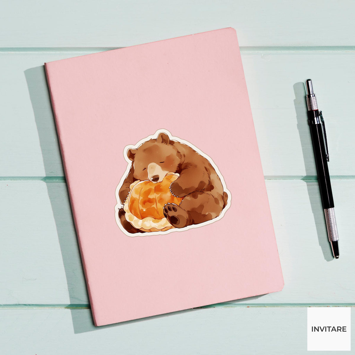 Watercolor Bear Pumpkin Pie Sticker, Cozy Thanksgiving Laptop Planner Journal Animal Lover Gift