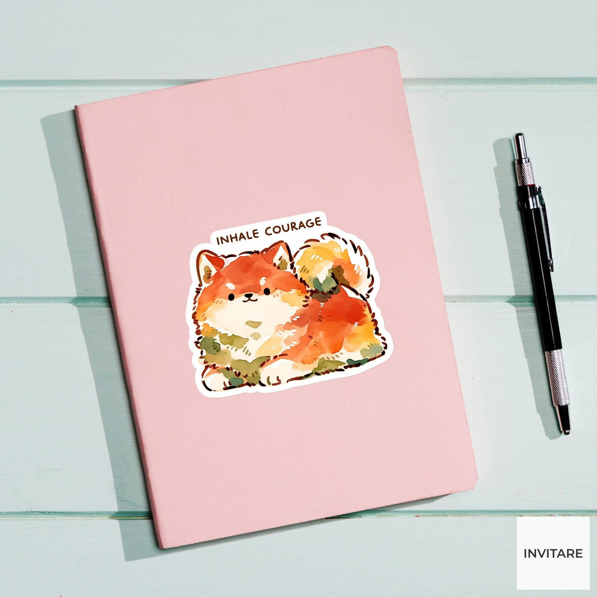 Inhale Courage Shiba Inu Yoga Sticker, Warrior Two Laptop Planner Water Bottle Gift