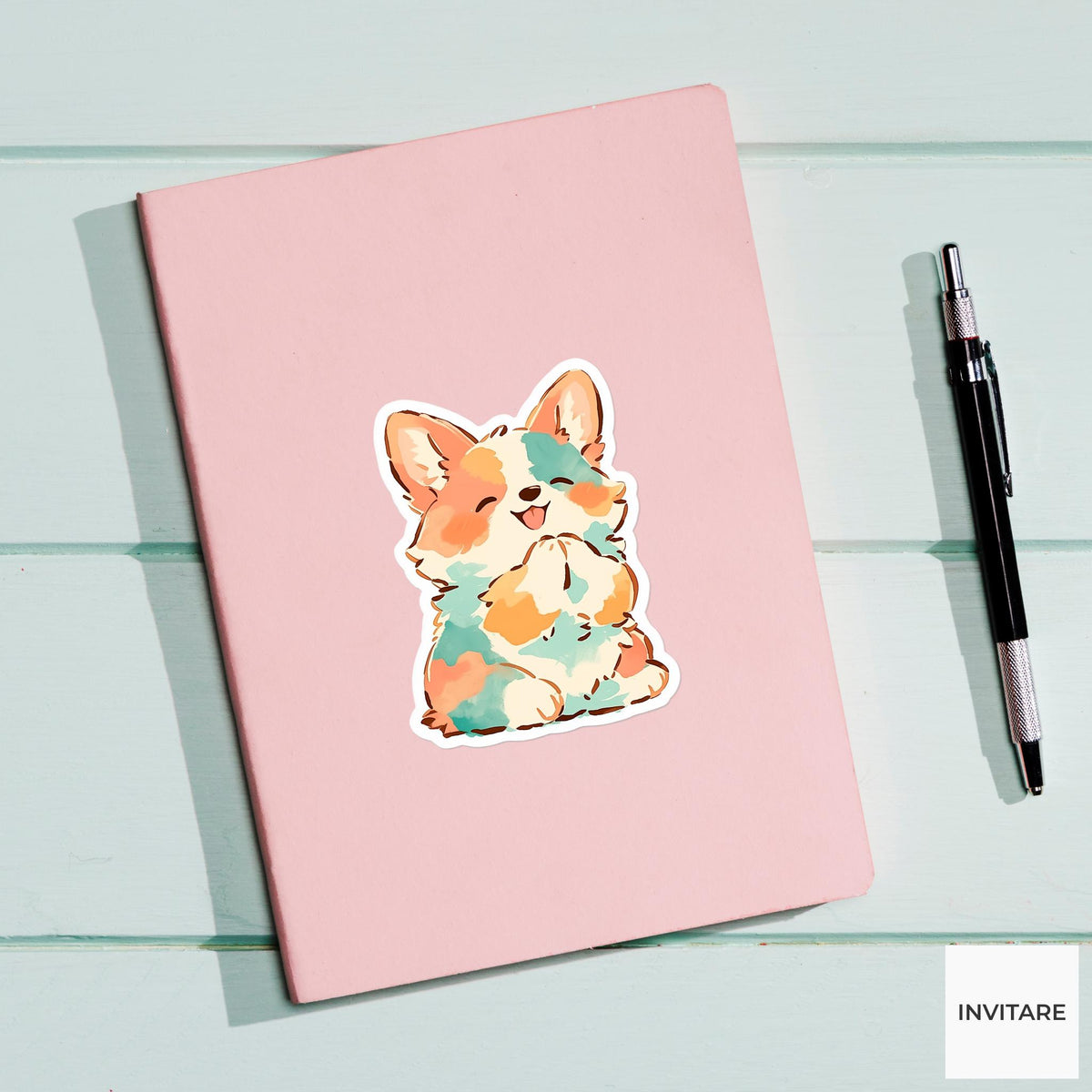 Tricolor Corgi Hero Pose Yoga Sticker, Watercolor Laptop Planner Water Bottle Mindfulness Gift